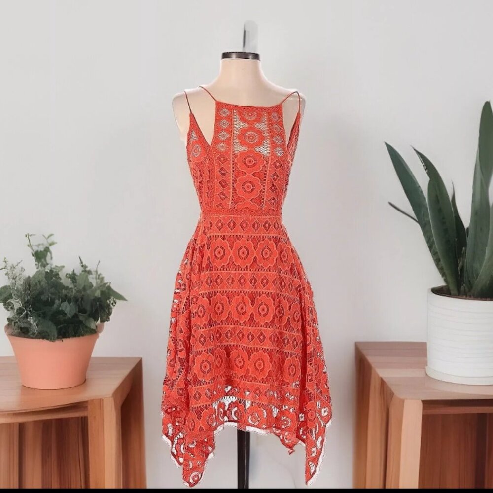 Free People Just Like Honey Lace Dress Orange Cocktail Wedding High Neckline